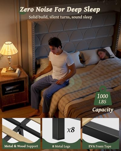 King Size Bed Frame with 56" Headboard - Velvet Upholstered Wingback Platform Bed Frame, Noise Free, Sturdy Wooden Slat Support (Deep Gray, King)