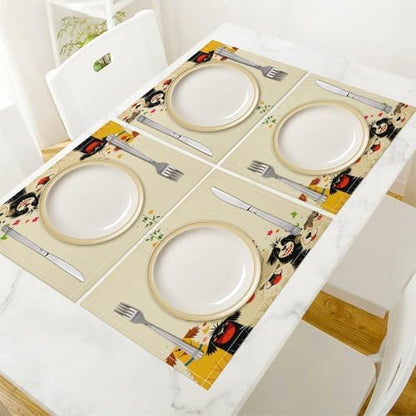 Cute Dogs Floral Linen Placemats Set of 4PCS, Heat Resistant Non-Slip Washable Table Placemats for Dining Everyday Use Hotel Banquet Home Decor