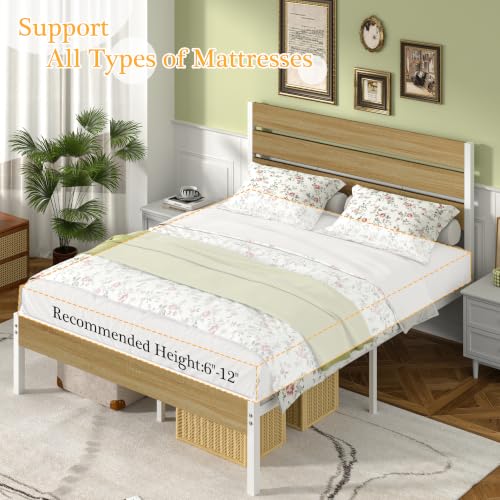 Full Size Bed Frame - Heavy-Duty Metal Platform with Wood Headboard, No Box Spring Needed, Natural Wood