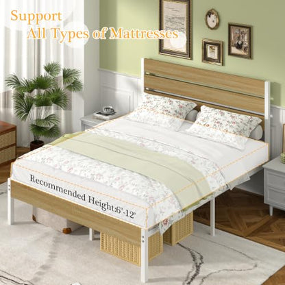 Full Size Bed Frame - Heavy-Duty Metal Platform with Wood Headboard, No Box Spring Needed, Natural Wood