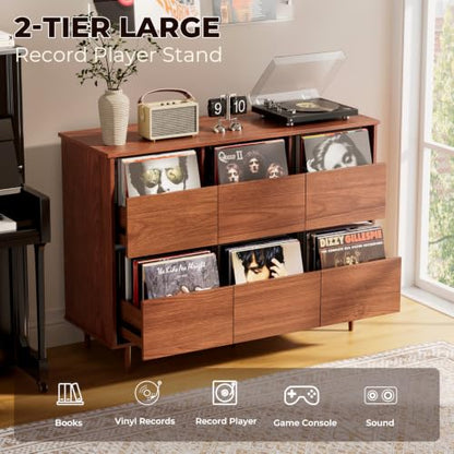 47.2" Large Record Player Stand, Vinyl Record Storage Cabinet,Brown | Fit 7“/10"/12" Vinyl Record, Mid Century Turntable Stand, Media Cabinet with 6 DVD Drawers for Living Room, Music Corner