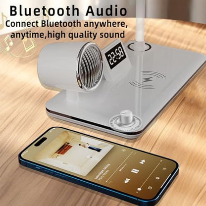 AYI Multifunctional Desk Lamp with Wireless Charger, Bluetooth Speaker, Digital Alarm Clock, Dimmable RGB LED, Brightness & Angle Adjustable for Home Office Bedroom, HYT1772 White.