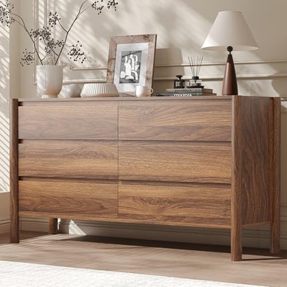 47.2" Wide Walnut 6 Drawer Dresser for Bedroom with Solid Wood Legs