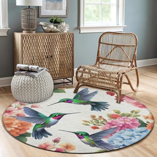 Large Home Decor Mat, Soft Round Yoga Carpet, Non Slip Machine Washable Home Office Circle Rug Bird Colorful Flowers Hummingbirds Floral