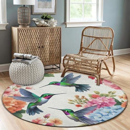 Large Home Decor Mat, Soft Round Yoga Carpet, Non Slip Machine Washable Home Office Circle Rug Bird Colorful Flowers Hummingbirds Floral