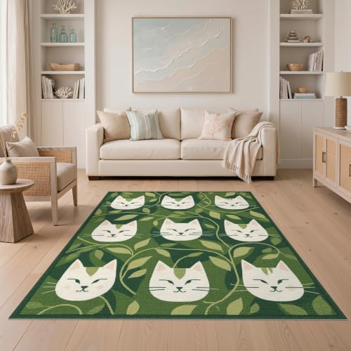 5'x7' Green Cat Forest Faces Interlinked by Washable Area Rug