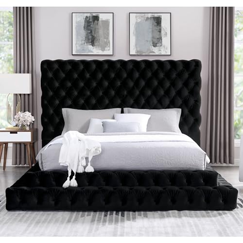 Sable Fabric Upholstered Step Up Queen-Size Platform Bed with Oversized Headboard, Deep Button Tufting, No Box Spring Required for Bedroom, Guest Room, Black
