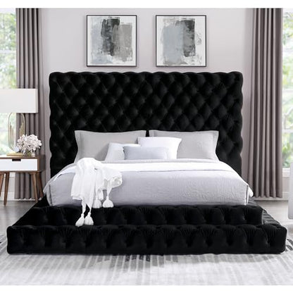 Sable Fabric Upholstered Step Up Queen-Size Platform Bed with Oversized Headboard, Deep Button Tufting, No Box Spring Required for Bedroom, Guest Room, Black