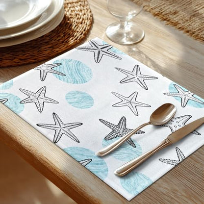 Shrahala Coastal Nautical Set of 8 12 X 18 Inch Linen Placemats, Circles Starfish Blue White Marine Theme Burlap Table Mat Washable Double Layered Heat Insulation for Indoor/Outdoor