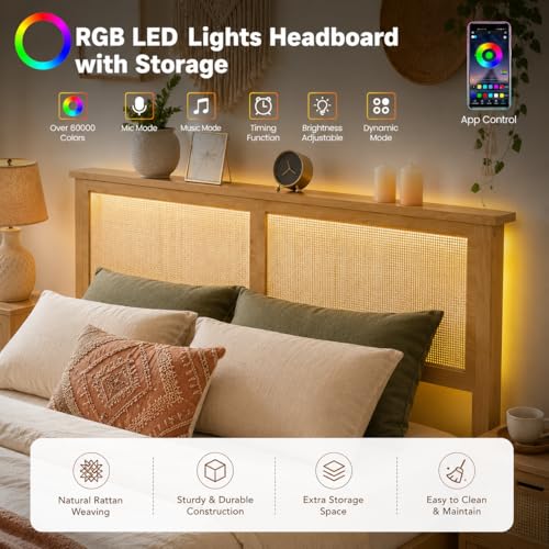 GAOMON Full Size Wood Bed Frame with LED Light and Rattan Headboard