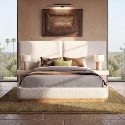 Queen Bed Frame, Upholstered Platform Bed Frame with Large Curved Headboard & 2 Floating Shelves, Noise-Free, No Box Spring Needed, Easy Assembly, Beige