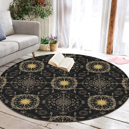 Home Decor Non Slip Kitchen Office Circle Rug, Machine Washable Modern Round Area Rug, Room Sofa Yoga Soft Round Carpet Ancient Viking Vegvisir Art Wind Rose Magic Navigation Gold Compass