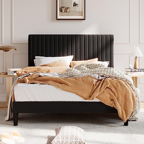Queen Upholstered Platform Bed Frame with Adjustable Headboard/Vertical Channel Tufted Velvet Fabric/Wooden Slats Support/Mattress Foundation/Box Spring Optional/Black