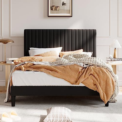 Queen Upholstered Platform Bed Frame with Adjustable Headboard/Vertical Channel Tufted Velvet Fabric/Wooden Slats Support/Mattress Foundation/Box Spring Optional/Black
