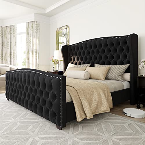 Queen Size Bed Frame with Velvet Upholstered Wingback Headboard