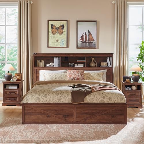 Farmhouse King Bed Frame, 52-Inch LED Storage Headboard, Brown