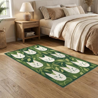 5'x7' Green Cat Forest Faces Interlinked by Washable Area Rug