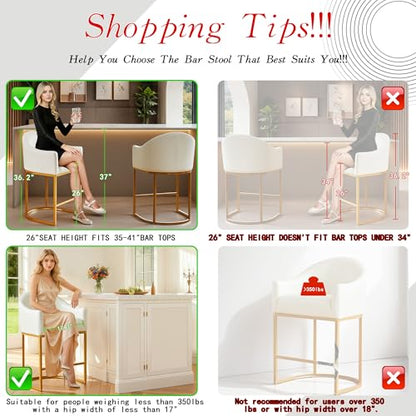 Counter Height Bar Stools Set of 2,Modern Counter Height Bar Stools,PU Leather Upholstered Barrel Barstools with Backs,26'' Kitchen Island Chairs,Metal Gold Frames,Beige White Leather