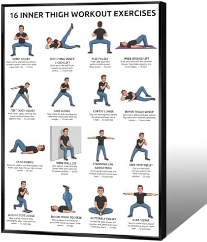 16 Inner Thigh Workout Exercise Poster, Bodyweight Adductor Training Chart Featuring Illustrated Home Fitness Moves for Beginner & Intermediate Leg Toning, Gym & Home Workout Reference Guide with Rep Count Instruction(20x30inchs，Black Framed)
