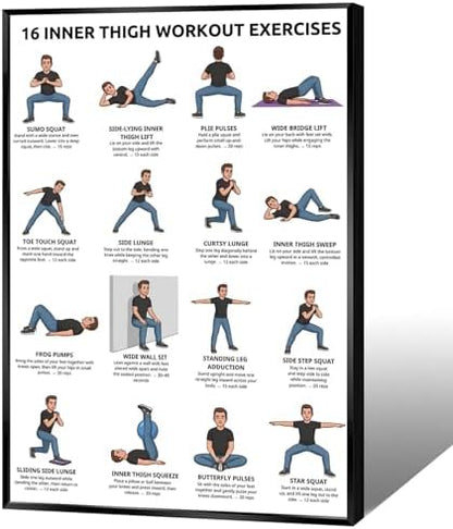 16 Inner Thigh Workout Exercise Poster, Bodyweight Adductor Training Chart Featuring Illustrated Home Fitness Moves for Beginner & Intermediate Leg Toning, Gym & Home Workout Reference Guide with Rep Count Instruction(20x30inchs，Black Framed)