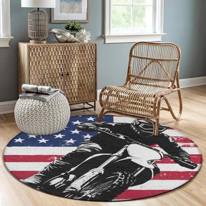 Soft Round Yoga Carpet, Office Chair Decor Round Mat for Carpet and Hardwood Floors Dirt Bike Motocross American Flag