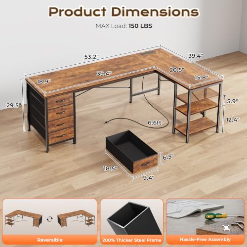 55 Inch L Shaped Desk with Fabric Drawers, Reversible Computer Gaming Desk with Power Outlets and USB-C Port, Adjustable Side Storage Shelves, for Work Corner Home Office, Rustic Brown