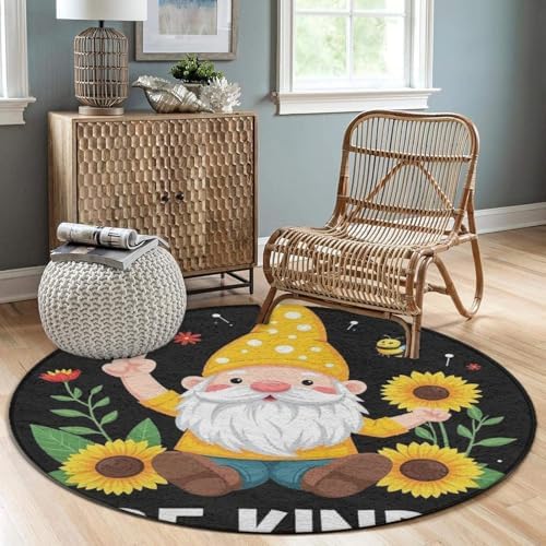 Soft Round Yoga Carpet, Office Chair Decor Round Mat for Carpet and Hardwood Floors Be Kind Sunflower Gnome
