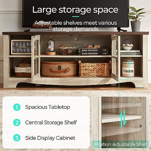 Farmhouse TV Stand for 65 Inch TV, Wood Entertainment Center with Glass Door Storage Cabinet & Adjustable Shelves, Large Sturdy TV Console Table for Living Room Bedroom