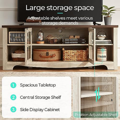Farmhouse TV Stand for 65 Inch TV, Wood Entertainment Center with Glass Door Storage Cabinet & Adjustable Shelves, Large Sturdy TV Console Table for Living Room Bedroom