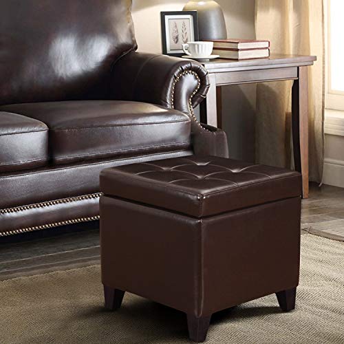Leather Ottoman with Storage,18" Square Ottomans Foot Rest with Hinged Lid & Solid Wood Legs Upholstered Cube Footstool Hidden Storage for Living Room, Bedroom(Brown)