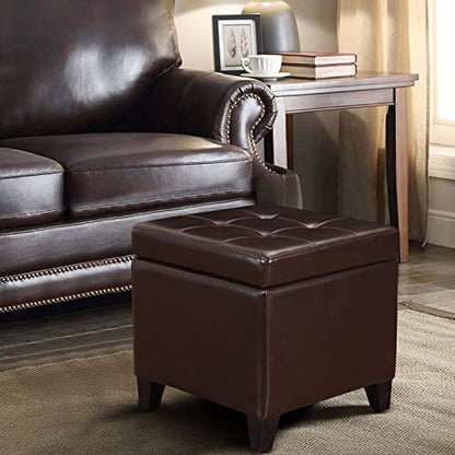 Leather Ottoman with Storage,18" Square Ottomans Foot Rest with Hinged Lid & Solid Wood Legs Upholstered Cube Footstool Hidden Storage for Living Room, Bedroom(Brown)