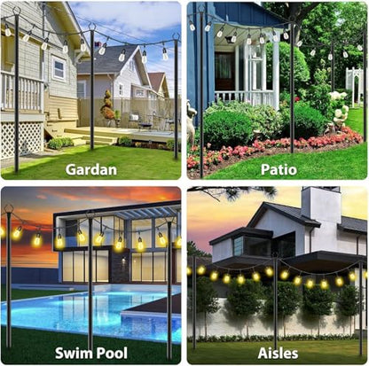 10Ft String Light Poles 4 Pack,Light Poles for Outside Lights,Outdoor with Fence Brackets Hanging Lights,Metal Stand Deck Patio Backyard