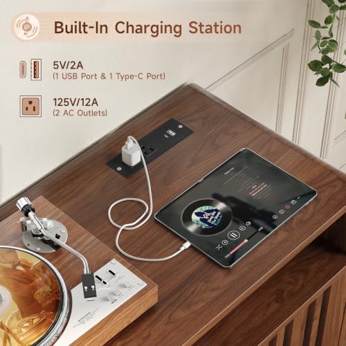 59"Large Vinyl Record Cabinet with Built-in Charging Station,Walnut | Mid Century Modern TV Stand for TVs up to 65", Record Player Table Holds 500+ Vinyl Records, Turntable Stand for Living room