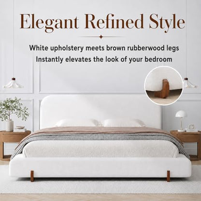 California King Size Bed Frame, Elegant Chenille Bed Frame with Unique Design Solid Wood Legs, Curve-Shaped Upholstered Platform Bed with 4-Inch Thick Double-Sided, 800 lb Capacity, White