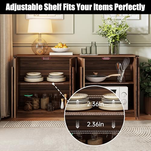 65" Sideboard Buffet Cabinet with Storage, Mid Century Modern Fluted Accent Credenza with Adjustable Shelves, Wood Media TV Console Coffee Bar Table for Dining Room, Living Room, Walnut