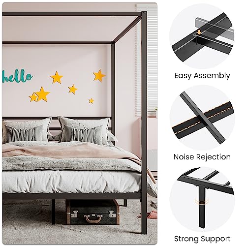Queen Size Canopy Bed Frame with Heavy Duty Metal Slats, Black