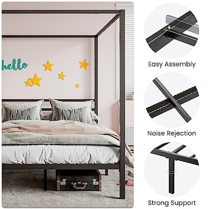 Queen Size Canopy Bed Frame with Heavy Duty Metal Slats, Black