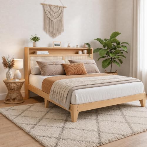 Queen Rattan Bed Charging Station LED Bohemian Bedroom