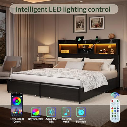 King Size Bed Frame with 6 Storage Drawers and Headboard Wooden Platform Bed Frame with LED Lights and Charging Station Easy Assembly/No Box Spring Needed/Black
