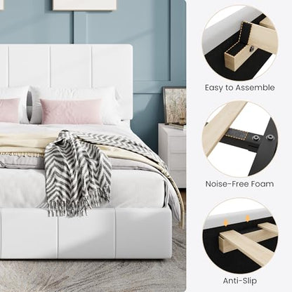 Full Size Bed Frame, Velvet Upholstered Platform Bed, Vertical Channel Tufted Adjustable Headboard, Low Profile Bed Frame, No Box Spring Needed, Easy Assembly, White