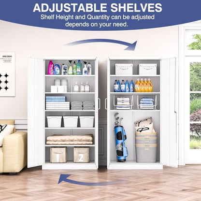 Metal Storage Cabinet with Lock,Tall White File Cabinet with 2 Doors and 5 Adjustable Shelves,Steel Storage Cabinets for Garage,Home Office,Pantry,School,Hospital