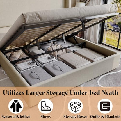 King Lift Up Storage Bed Frame Linen Wingback Headboard, Khaki