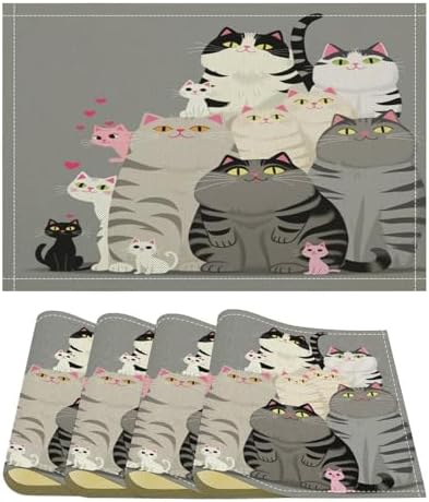 Cute Cats Group Portrait Linen Placemats Set of 4PCS, Heat Resistant Non-Slip Washable Table Placemats for Dining Everyday Use Hotel Banquet Home Decor