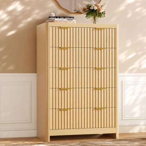 Natural Oak Dresser with 5 Deep Drawers, 47" Tall Fluted Chest of Drawers, Round Edge, Modern Vertical Dresser, Wooden Storage Organizer Cabinet for Bedroom, Living Room, Entryway, Hallway