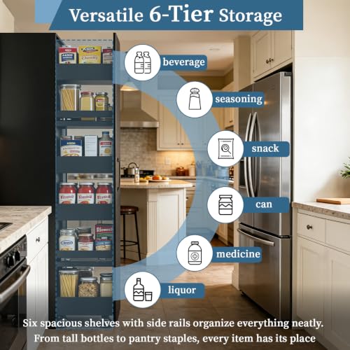 Narrow Pull-out Storage Cabinet on Wheels, 12 inch Black Pantry Cabinet | 71'' Tall, Slim Shelf, Rolling Cart 6-Tier, Next to Fridge, Skinny Spice Rack for Kitchen, Laundry Room