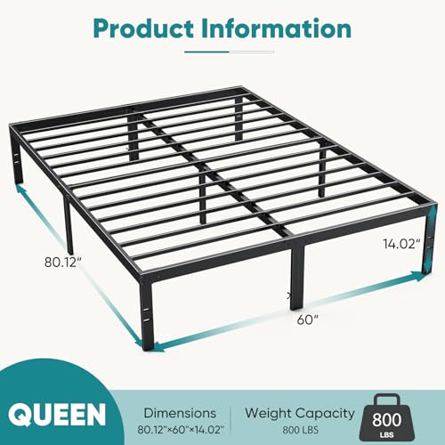 14In Metal Queen Bed Frame with Storage Space, No Box Spring Needed with Sturdy Steel Slat Support, Heavy Duty and Easy Assembly, Platform Bed for Bedroom, Black