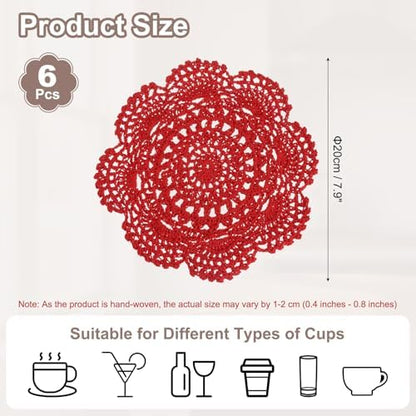 uxcell 6 Pcs Crochet Handmade Cotton Placemat Doilies for Table 7.9" Red