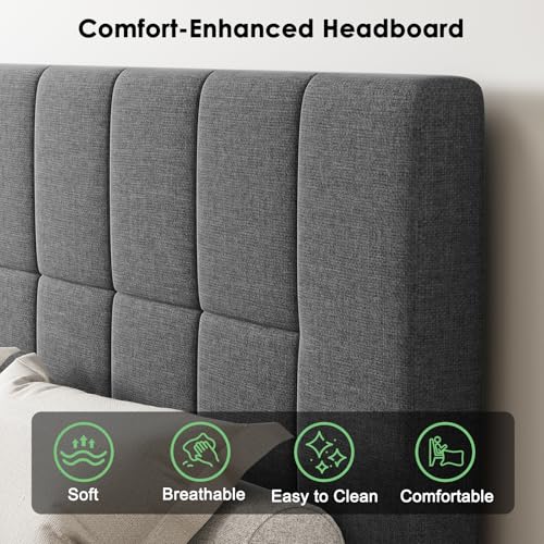 Queen Size Bed Frame, Sturdy and Durable with 12 Support Legs, 1300 lbs Capacity, Solid Wooden Upholstered Adjustable Headboard for 6"-12" Mattresses, Easy Assembly, Ideal Height, Dark Gray