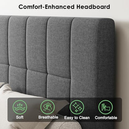 Queen Size Bed Frame, Sturdy and Durable with 12 Support Legs, 1300 lbs Capacity, Solid Wooden Upholstered Adjustable Headboard for 6"-12" Mattresses, Easy Assembly, Ideal Height, Dark Gray