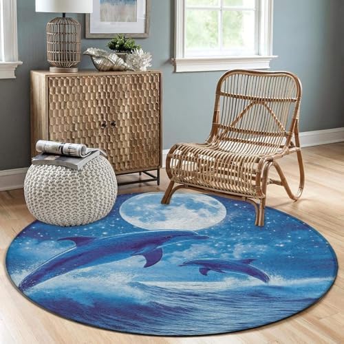 Large Round Area Rug Home Decor Modern Bathroom Rug Kitchen Office Circle Rug for Living Room Sofa Circle Cute Mat Blue Great Water of Waves Sea Full Moon Dolphin Art, 24inch